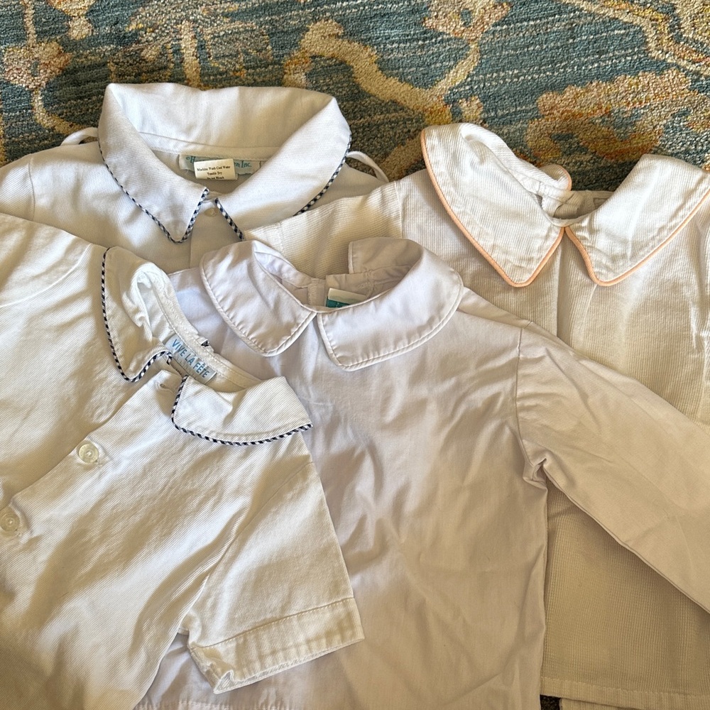 Set of 4 collared shirts. 2 blue and white, one white and one orange.
